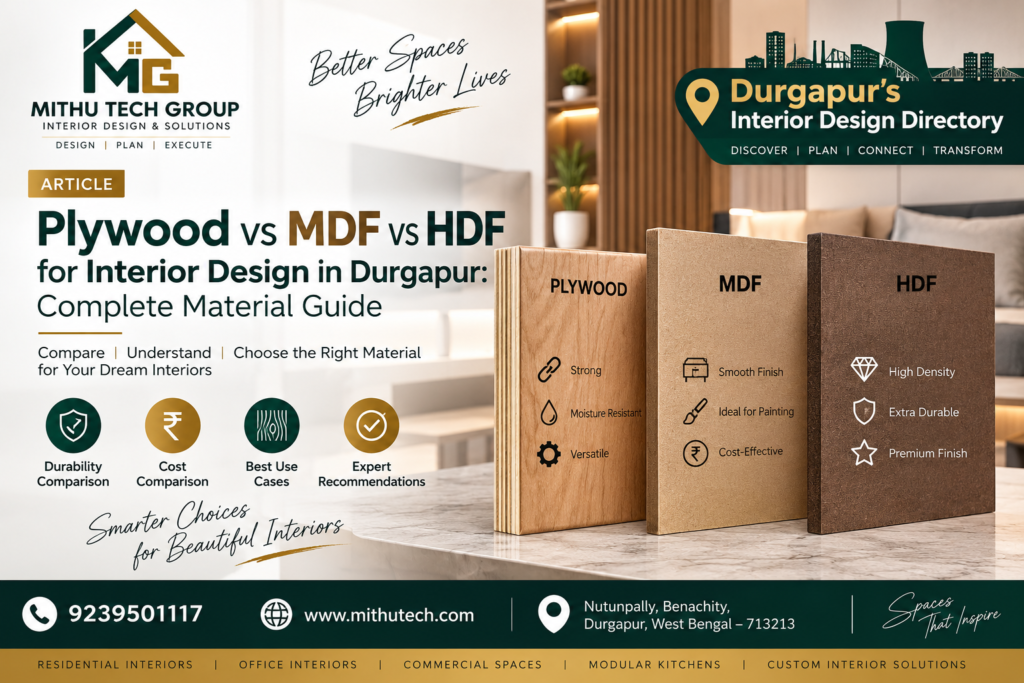 Plywood vs MDF vs HDF for Interior Design in Durgapur: Complete Material Guide